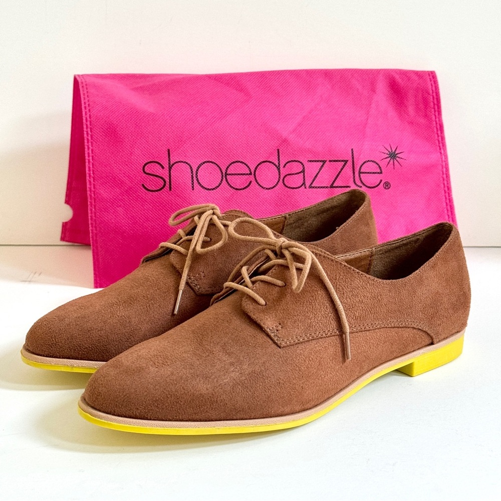 Shoedazzle BRIEANNA Tan Suede Yellow Oxford Loafers Womens 7.5 Lace Up Shoes